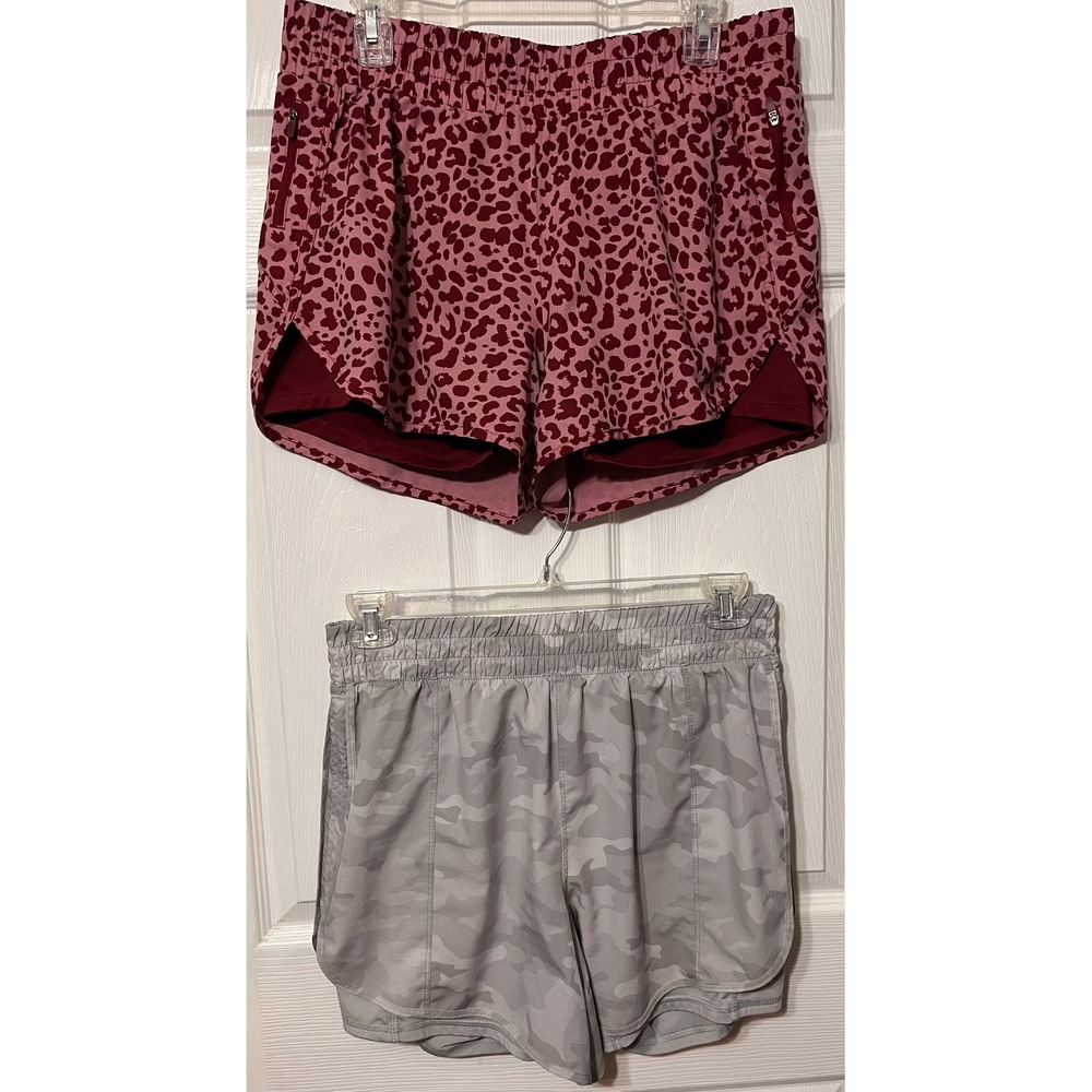 Avia Womens 2-in-1 Running Shorts Lot of 2 Leopard Camo‎ Red Lt Grey Camo Large